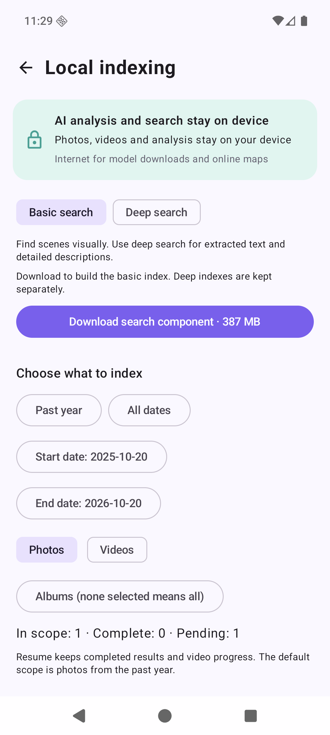 Phovue indexing scope with dates, media types and albums
